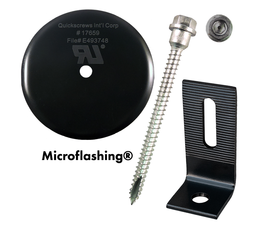 Part Number 17863 Multi Roof Mount - 5/16 X 4" QuickBOLT2 Kit with 4" Microflashing and SS Low Profile Blk L-Foot 25/Kit - Weight/Kit = 11.00 Lbs